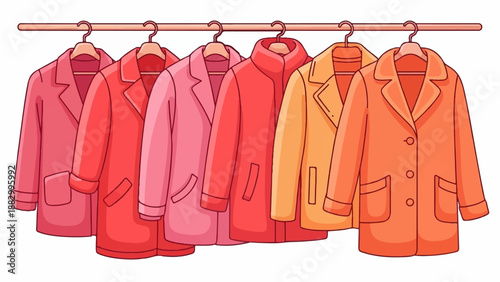 Six colorful coats in various shades of pink, red, and orange hang on a rack