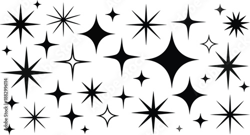 Collection of sparkling black geometric star shapes with various points on a clean white background
