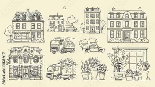 Sketch of buildings, vehicles, and potted plants in a vintage style
