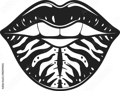 Stylized open lips with zebra pattern inside and shiny glossy effect in black and white design