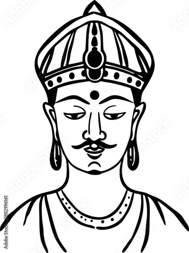 ancient indian king portrait with traditional crown and mustache, royal attire, historical cultural figure