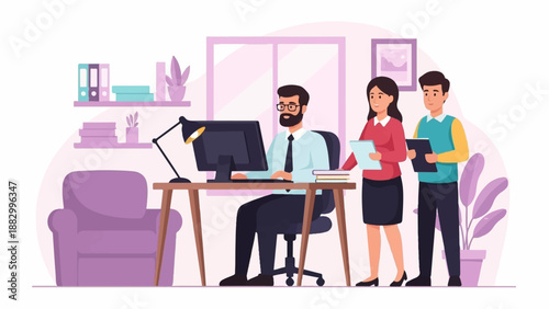 Three colleagues collaborate in a modern office space