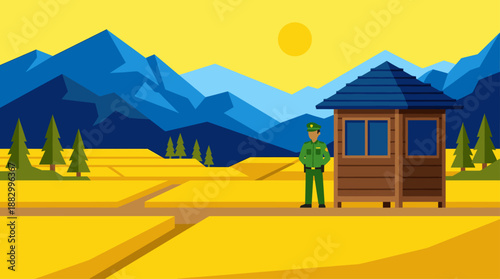 Guard at Lookout Point in Mountain Landscape Vector Illustration with Flat Design Style