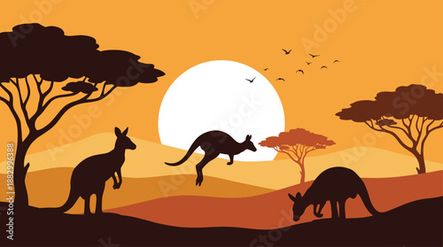 Minimalist Kangaroo Silhouette Landscape at Sunset Flat Design Vector Illustration