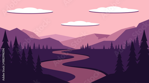 Minimalist Vector Illustration of a Winding River and Mountains in Flat Design Style at Dusk