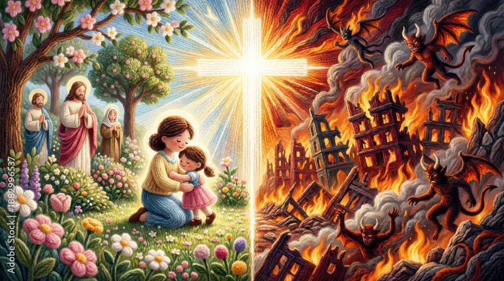 Fototapeta premium Woman and child embracing in heaven next to Jesus with blazing hell and demons on other side. Christian allegory of two paths: salvation vs sin.