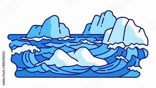 Stylized icebergs and waves in a cool blue color palette