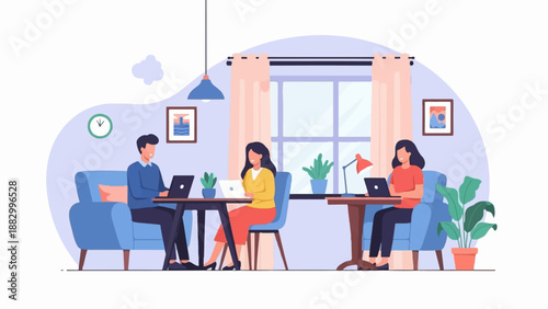 Three people working on laptops in a bright, modern room with plants and art