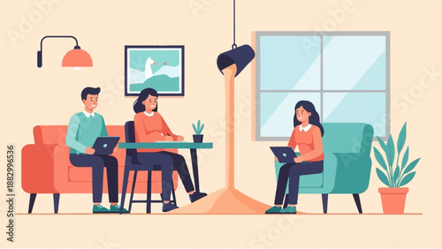 Three people working on laptops in a cafe with pouring sand