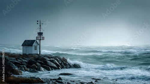 anemometer. Lighthouse structure during a storm with meteorological instrumentation. ESG reports, sustainability campaigns, designed for sustainability communications and ESG reporting.
