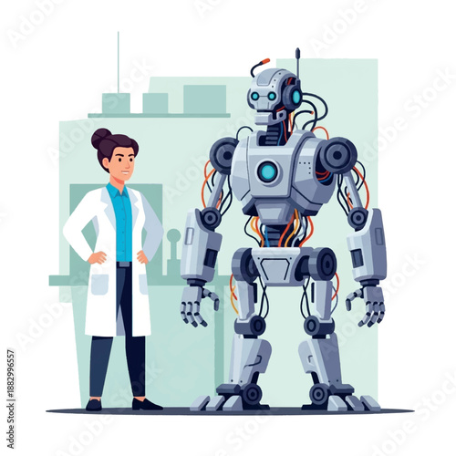 Robot standing next to a scientist.