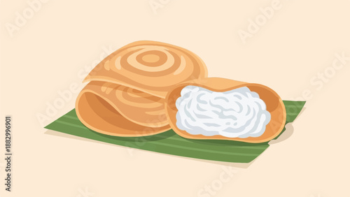 Sweet crepes filled with fluffy cream on a banana leaf