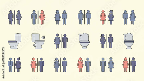 Stylized icons depict gendered toilet symbols and toilet fixtures