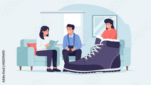 Three people in a room with a large boot