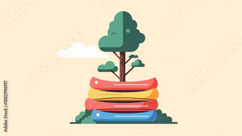 Stacked colorful canoes with a tree and clouds in a minimal style