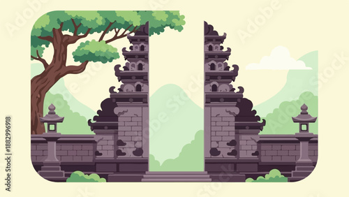 Stylized pixel art of a grand entrance gate in a serene landscape