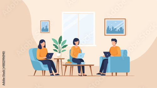 Three people working on laptops in a cozy living room (2)