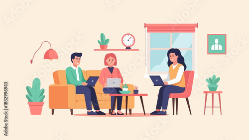 Three people working on laptops in a cozy living room (1)