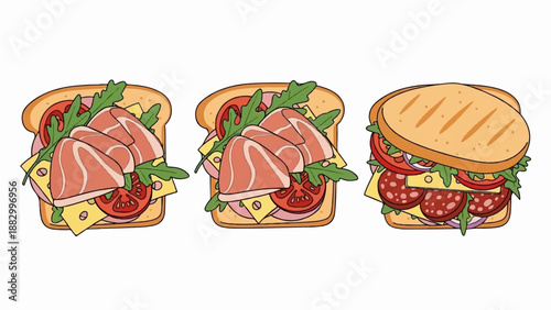 Three delicious, cartoon-style sandwiches with various meats, cheese, and greens
