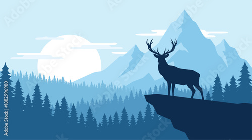 Deer Silhouette Standing on a Cliff in Blue Mountain Forest Flat Design Vector Illustration