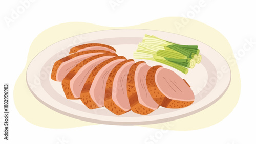 Sliced roasted duck with chopped scallions on a platter