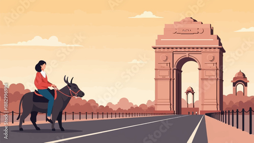 Stylized pixel art of a person riding a bull near a large arch monument