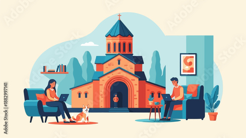 Stylized illustration of a church with people working remotely at home
