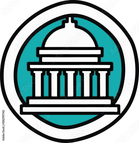 Stylized illustration of a classical building with a dome and columns