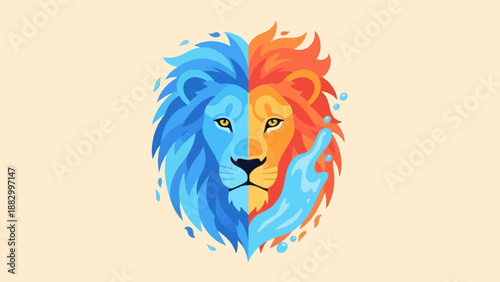 Symmetrical lion head split between fiery orange and cool blue elements