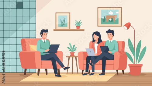 Three people working on laptops in a cozy living room