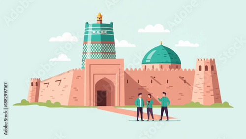 Stylized pixelated ancient fort with a tall tower, dome, and three figures