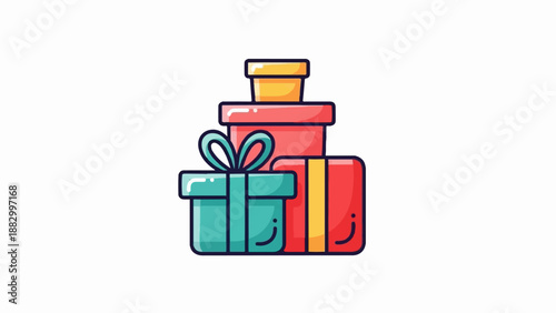 Stacked gift boxes in teal, red, and yellow with ribbon