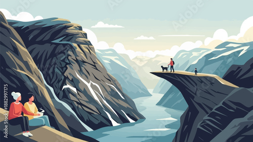 Stylized pixel art of people and a dog on a cliff overlooking a fjord