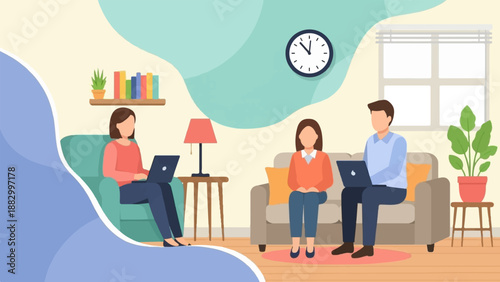 Three people working on laptops in a living room