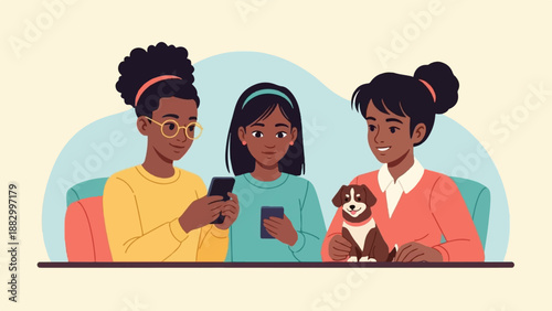 Three diverse girls and a puppy gather together, each engrossed in their phones