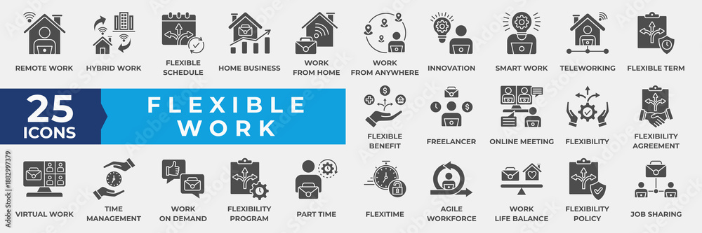 Naklejka premium Flexible Work icon set solid style collection. With Remote Work, Work from Home, Hybrid Work, Freelancing, Smart Work, Flexible Schedule, integration, time management, agreement icon.