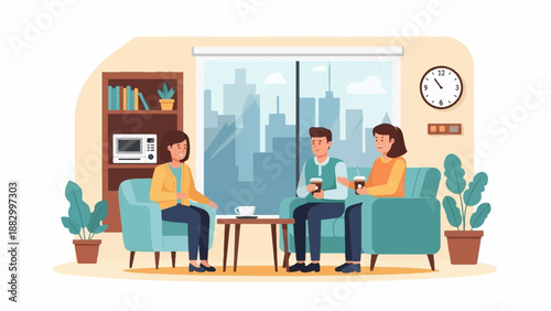 Three people in armchairs with coffee cups, near window overlooking city