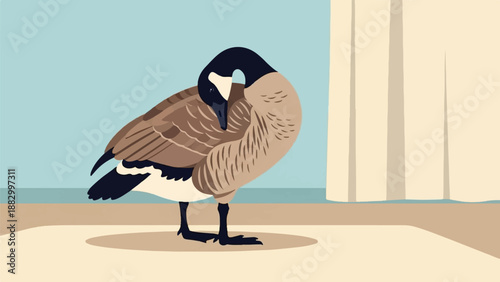 Stylized illustration of a goose preening its feathers against a soft blue background