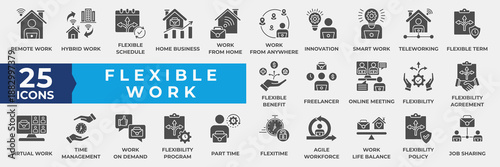 Flexible Work icon set solid style collection.  With Remote Work, Work from Home, Hybrid Work, Freelancing, Smart Work, Flexible Schedule, integration, time management, agreement icon.