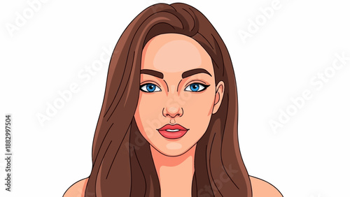 Stylized portrait of a woman with long brown hair and blue eyes, neutral expression