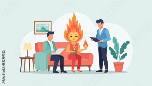 Three figures, one with fiery hair, engage in discussion in a modern living room setting