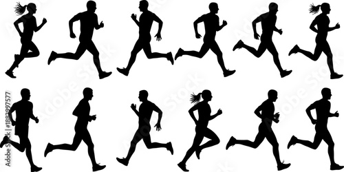 Black silhouette set of 10 running human figures in profile view showing full stride cycle and dynamic motion