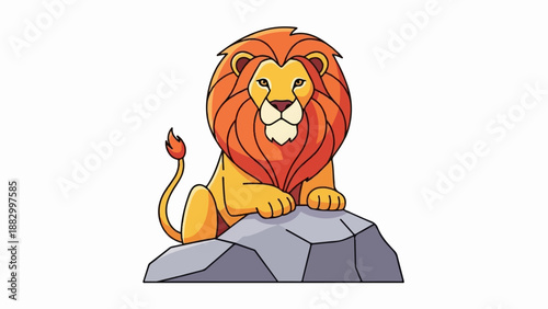 Stylized illustration of a majestic lion with a flowing mane resting on rocks