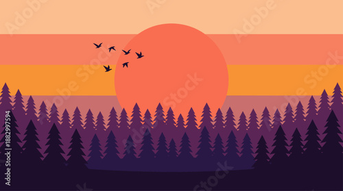 Minimalist Vector Illustration of a Sunset Over a Pine Forest with Birds Flat Design