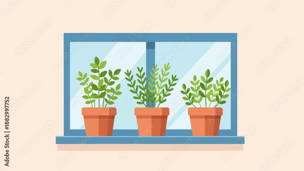 Fototapeta premium Three green plants in pots on a windowsill inside a blue-framed window
