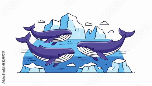 Three purple whales swim near icebergs under a cloudy sky