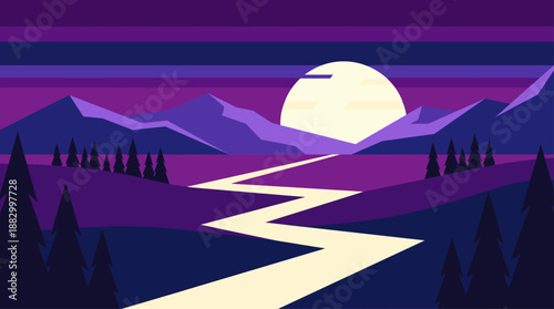 Minimalist Flat Design Vector Illustration of Purple Night Mountain Landscape with Moon and River