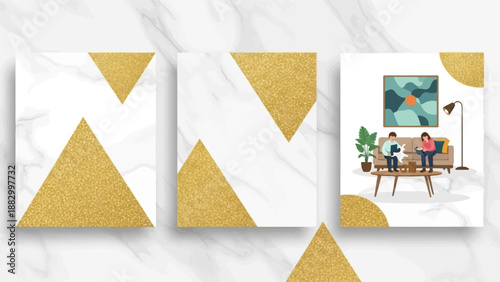 Three graphic panels, two with geometric gold triangles on marble, one with people in living room