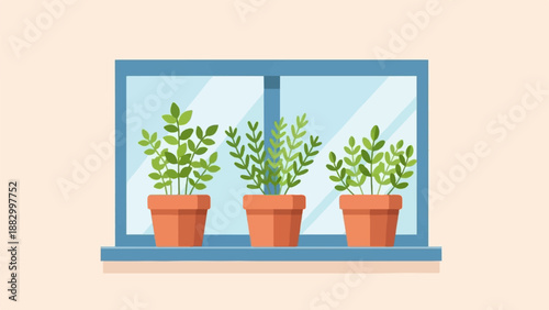 Three green plants in pots on a windowsill inside a blue-framed window