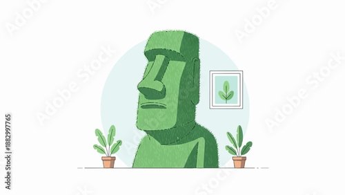 Stone statue covered in green grass, with potted plants indoors